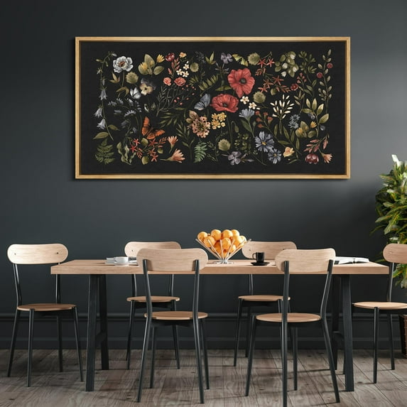 IDEA4WALL Extra Large Framed Canvas Print Wall Art Midnight Garden Vintage Floral Pattern Artwork Nature Vintage Pastel Colorful Fine Art Decorative Relax/Calm for Rooms Decor - 60"x30"