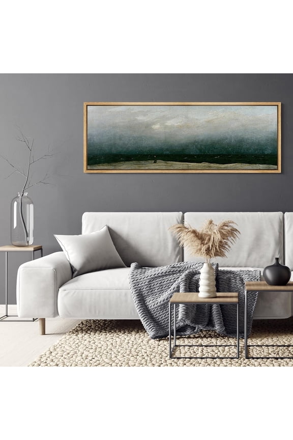 Extra Large Framed Canvas Print Wall Art Minimalist Seascape Monochrome Ocean Horizon Artwork Nature Wilderness Antique Retro Fine Art Decorative for Home Decoration - 60"x20"