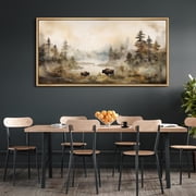 IDEA4WALL Extra Large Framed Canvas Print Wall Art Misty Autumn Forest with Wildlife Artwork Nature Wilderness Vintage Inspired Pastel Antique Fine Art Decor Relax/Calm for Rooms Decor - 60"x30"