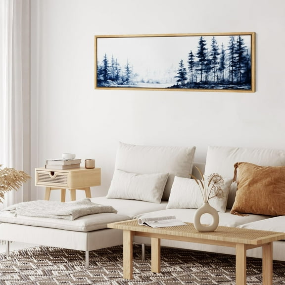 IDEA4WALL Extra Large Framed Canvas Print Wall Art Misty Blue Pine Woodland Fine Art Lake Reflection Wall Decorative Nature Wilderness Oversized Artwork Relax/Calm for Living Room - 60"x20"