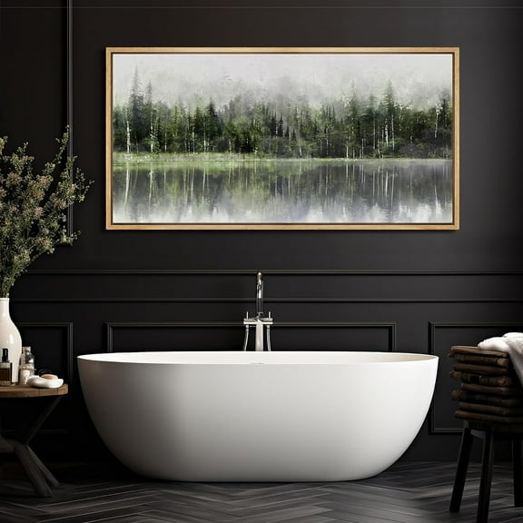 IDEA4WALL Extra Large Framed Canvas Print Wall Art Misty Forest Reflection Pastel Landscape Artwork Nature Wilderness Antique Retro Fine Art Decorative Relax/Calm for Home Decoration - 60"x30"
