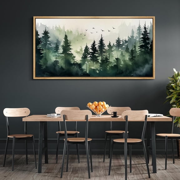 IDEA4WALL Extra Large Framed Canvas Print Wall Art Misty Forest Watercolor Tranquil Pine Trees with Birds Silhouette Artwork Nature Wilderness Fine Art Decor for Home Decoration - 60"x30"