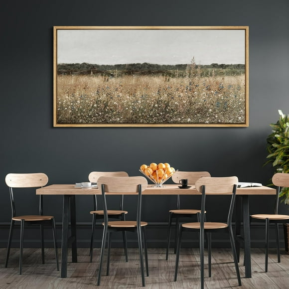 IDEA4WALL Extra Large Framed Canvas Print Wall Art Misty Morning Meadow with Wildflowers Classic Art Nature Wilderness Vintage Wall Decor Oversized Artwork Relax/Calm for Living Room - 60"x30"