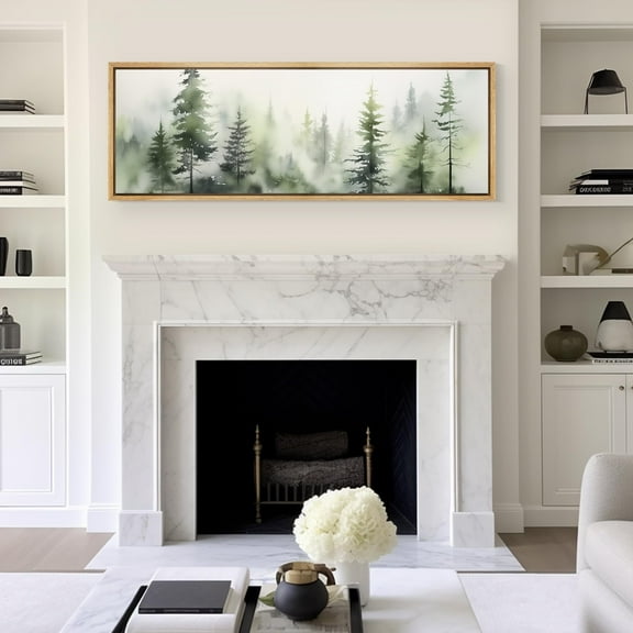 IDEA4WALL Extra Large Framed Canvas Print Wall Art Misty Pines Forest Foggy Landscape Artwork Nature Vintage Inspired Pastel Antique Fine Art Decorative Relax/Calm for Rooms Decor - 60"x20"