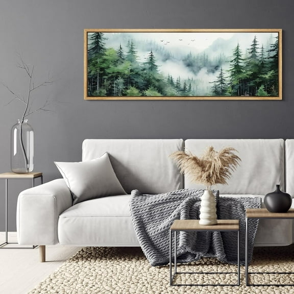 IDEA4WALL Extra Large Framed Canvas Print Wall Art Misty Pines Watercolor Serene Forest Landscape with Flying Birds Antique Retro Modern Art Decorative Relax/Calm for Home Decoration - 60"x20"