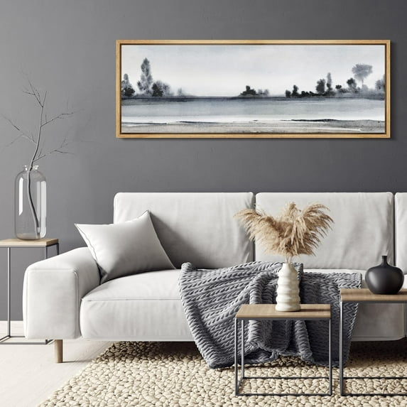 IDEA4WALL Extra Large Framed Canvas Print Wall Art Misty River Scene Watercolor Nature Wilderness Artwork Forest Scenery Antique Fine Art Multicolor for Home Decoration - 60"x20"