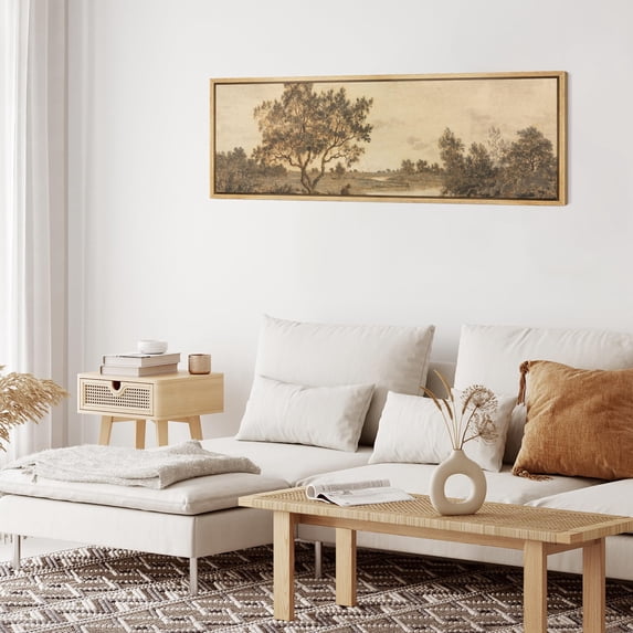 IDEA4WALL Extra Large Framed Canvas Print Wall Art Misty Riverbank with Solitary Tree Artwork Nature Wilderness Antique Retro Fine Art Watercolor Decorative Relax/Calm for Rooms Decor - 60"x20"