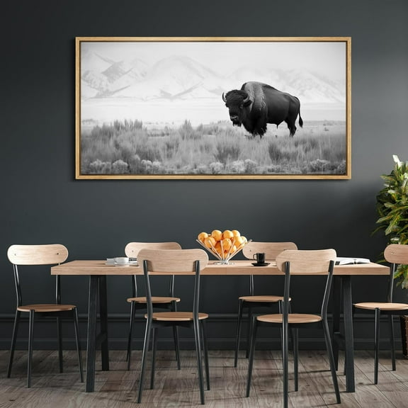 IDEA4WALL Extra Large Framed Canvas Print Wall Art Monochrome Bison in the Plains Landscape Nature Country Scenery Antique Retro Fine Art Animal Decorative for Home Decoration - 60"x30"