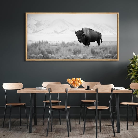 IDEA4WALL Extra Large Framed Canvas Print Wall Art Monochrome Bison in the Plains Landscape Nature Country Scenery Antique Retro Fine Art Animal Decorative for Home Decoration - 60"x30"