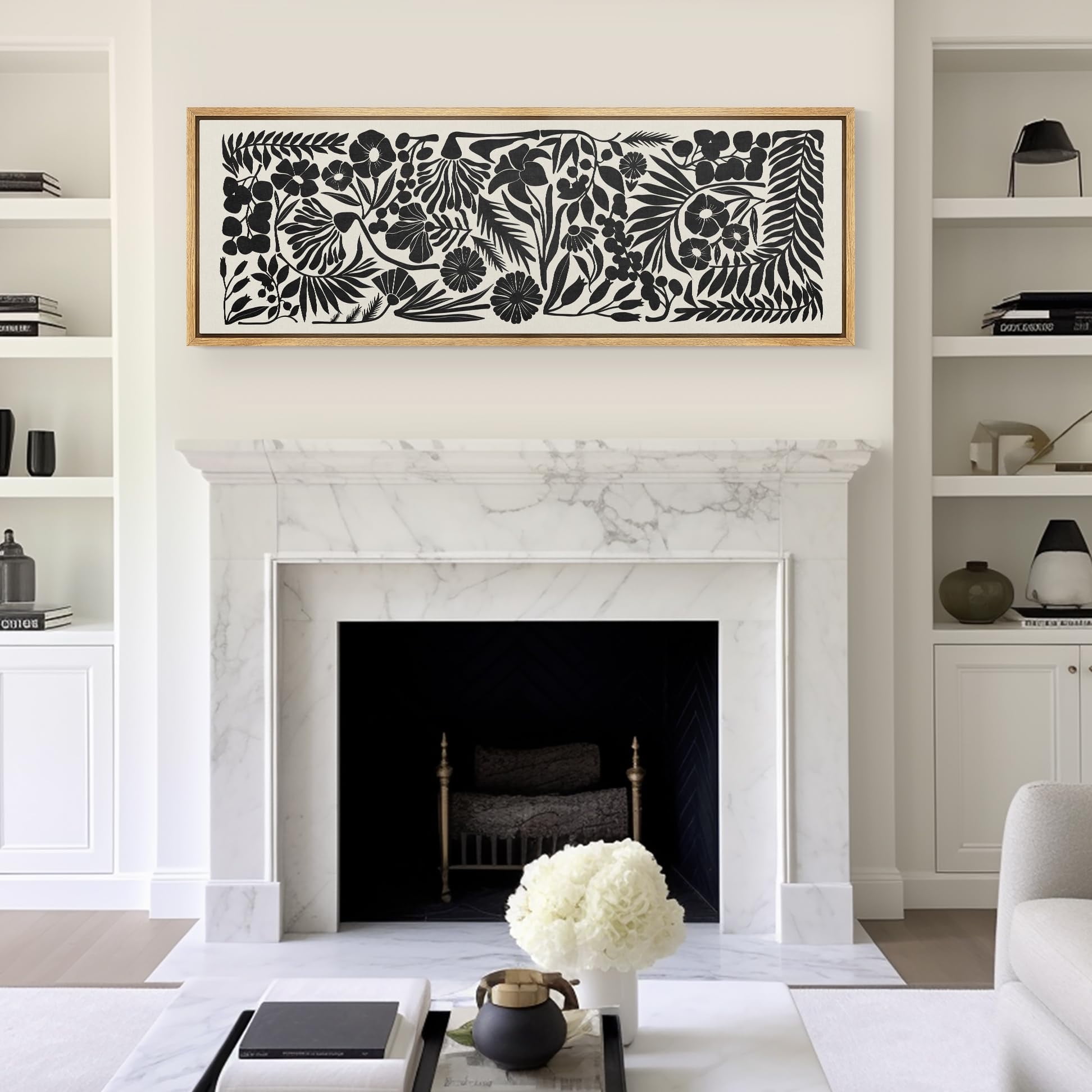 IDEA4WALL Extra Large Framed Canvas Print Wall Art Monochrome Botanicals Black & White Floral Pattern Artwork Nature Vintage Pastel Fine Art Decorative Relax/Calm for Rooms Decor - 60"x20"