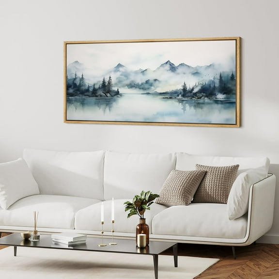 IDEA4WALL Extra Large Framed Canvas Print Wall Art Mountain Lake Calm Misty Landscape Vintage Inspired Colorful Stripes Antique Retro Fine Art Watercolor Decorative for Rooms Decor - 60"x30"