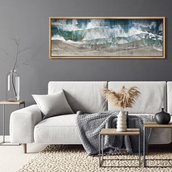 IDEA4WALL Extra Large Framed Canvas Print Wall Art Ocean's Edge Abstract Textured Waves and Shoreline Artwork Nature Wilderness Antique Retro Fine Art Multicolor for Home Decoration - 60"x20"