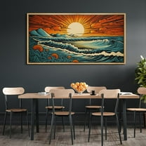 IDEA4WALL Extra Large Framed Canvas Print Wall Art Oceanic Sunset Waves and Sun Illustrations Retro Dynamic Sea Landscape Wall Decorative Oversized Artwork Relax/Calm for Living Room - 60"x30"