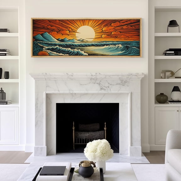 IDEA4WALL Extra Large Framed Canvas Print Wall Art Oceanic Sunset Waves and Sun Illustrations Retro Dynamic Sea Landscape Wall Decorative Oversized Artwork Relax/Calm for Living Room - 60"x20"