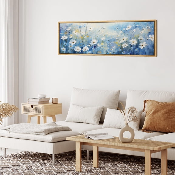 IDEA4WALL Extra Large Framed Canvas Print Wall Art Refreshing Floral White Daisy Field Fine Art Vintage Pastel Spring Botanical Wall Decor Oversized Artwork Relax/Calm for Room - 60"x20"