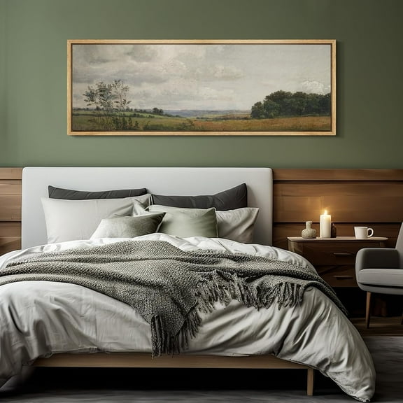 IDEA4WALL Extra Large Framed Canvas Print Wall Art Rustic Landscape with Cumulus Clouds Classic Countryside Antique Retro Fine Art Decorative Relax/Calm for Home Decoration - 60"x20"