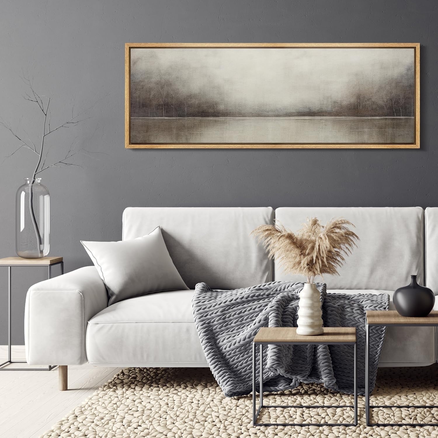 IDEA4WALL Extra Large Framed Canvas Print Wall Art Soft Neutral Tones Lake Landscape Artwork Nature Wilderness Antique Retro Fine Art Decorative Multicolor for Home Decoration - 60"x20"