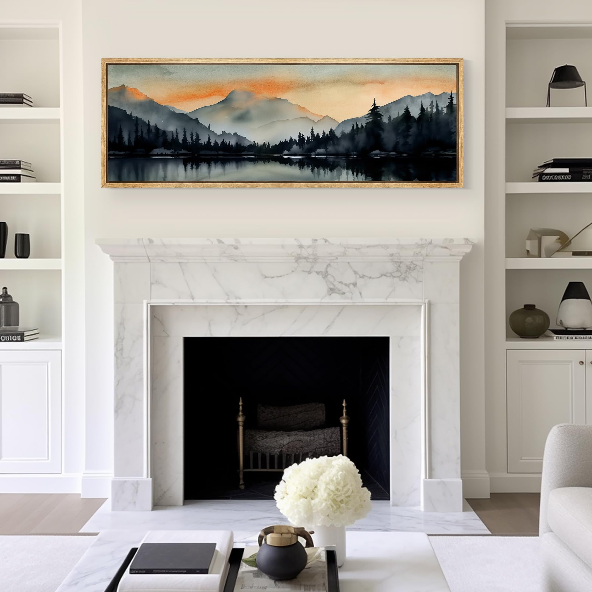 IDEA4WALL Extra Large Framed Canvas Print Wall Art Sunset Mountain Range \u0026 Lake Panoramic Modern Art Nature Wilderness Retro Wall Decorative Oversized, image size:1944x1944