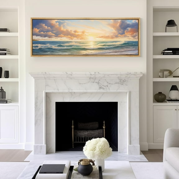 IDEA4WALL Extra Large Framed Canvas Print Wall Art Sunset Splendor Vibrant Ocean Landscape Artwork Nature Vintage Inspired Pastel Antique Fine Art Decor Relax/Calm for Rooms Decor - 60"x20"