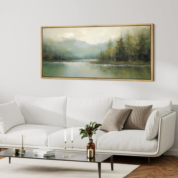 IDEA4WALL Extra Large Framed Canvas Print Wall Art Tranquil River and Forest Artwork Nature Wilderness Antique Retro Fine Art Watercolor Decorative Relax/Calm for Rooms Decor - 60"x30"