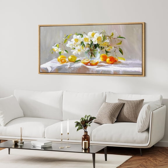 IDEA4WALL Extra Large Framed Canvas Print Wall Art Vibrant Still Life with White Blossoms and Citrus Fruits Fine Art Rustic Wall Decor Oversized Artwork Relax/Calm for Room - 60"x30"