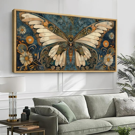 IDEA4WALL Extra Large Framed Canvas Print Wall Art Vintage Intricate Butterfly Pastel Wall Decorative Antique Retro Floral Elements Fine Art Modern Oversized Artwork for Living Room - 60"x30"