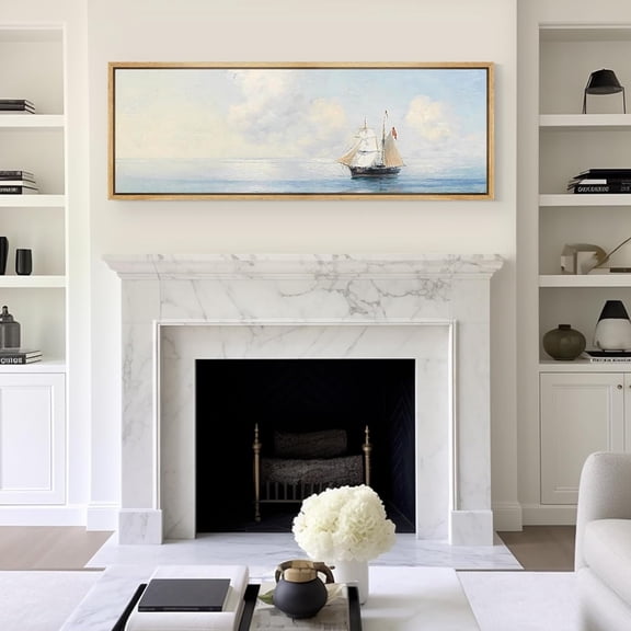 IDEA4WALL Extra Large Framed Canvas Print Wall Art Vintage Maritime Adventure Classic Ship at Sea Artwork Antique Retro Fine Art Decorative Multicolor for Home Decoration - 60"x20"