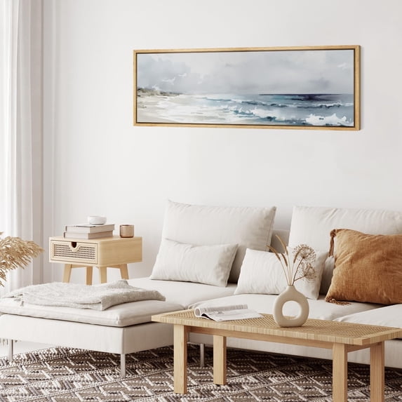 IDEA4WALL Extra Large Framed Canvas Print Wall Art Watercolor Coastal Landscape Beach Ocean Wave 60in x 20in