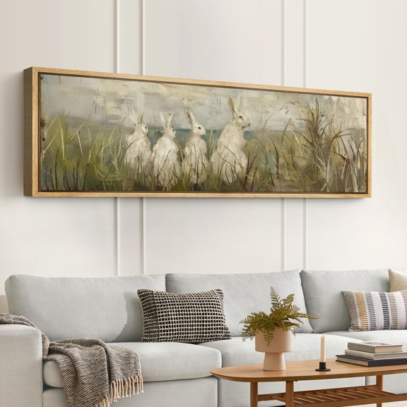 IDEA4WALL Extra Large Framed Canvas Print Wall Art Whimsical Rabbits in Grassland Retro Fine Art Soft Pastel of Animals Vintage Wall Decor Oversized Artwork for Living Room - 60"x20"