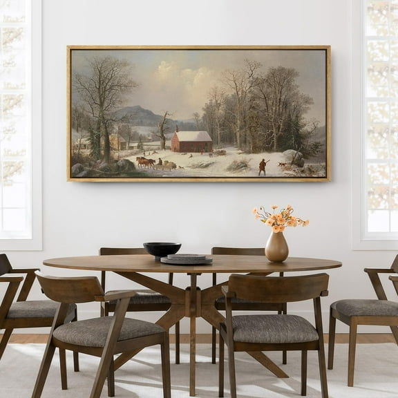 IDEA4WALL Extra Large Framed Canvas Print Wall Art Winter Homestead Serenity Fine Art Vintage Rustic Farm Rural Life Illustrations Painting Artwork for Rooms - 60"x30"