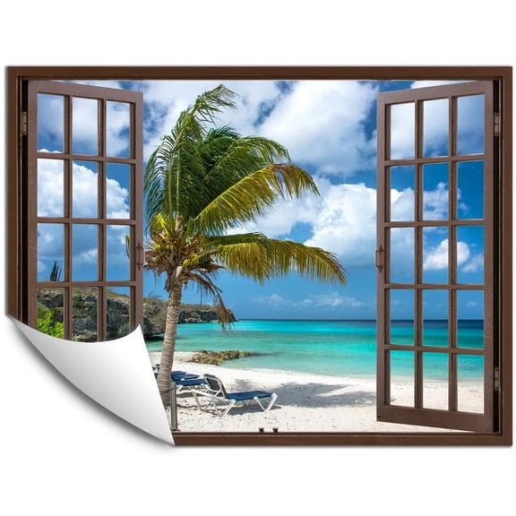 IDEA4WALL Fake Brown Window Beach Peel and Stick Wallpaper Removable Wall Mural Sticker Decal