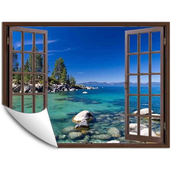 IDEA4WALL Fake Brown Window Beach Peel and Stick Wallpaper Removable Wall Mural Sticker Decal