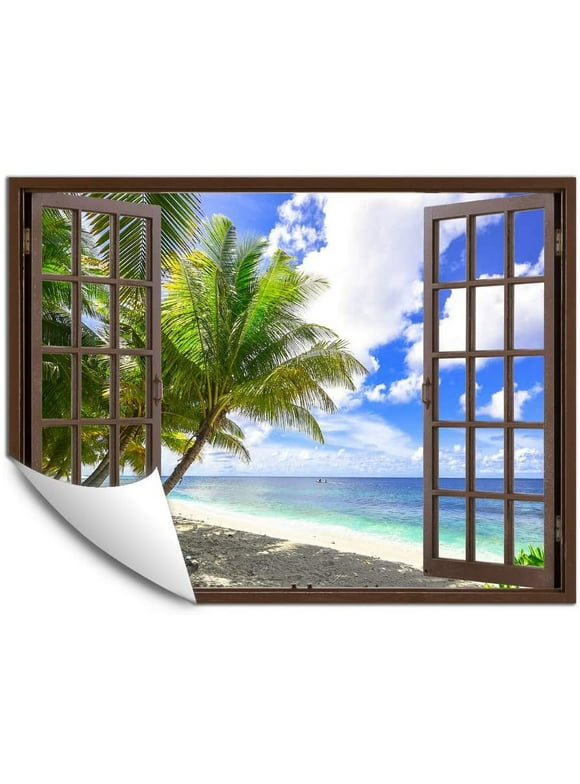 IDEA4WALL Fake Brown Window Beach Peel and Stick Wallpaper Removable Wall Mural Sticker Decal