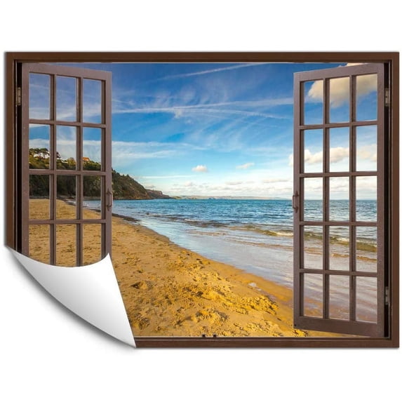 IDEA4WALL Fake Brown Window Beach Peel and Stick Wallpaper Removable Wall Mural Sticker Decal