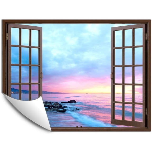 IDEA4WALL Fake Brown Window Beach Peel and Stick Wallpaper Removable Wall Mural Sticker Decal