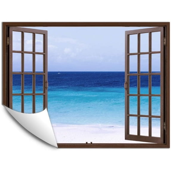 IDEA4WALL Fake Brown Window Beach Peel and Stick Wallpaper Removable Wall Mural Sticker Decal