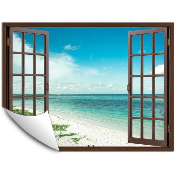 IDEA4WALL Fake Brown Window Beach Peel and Stick Wallpaper Removable Wall Mural Sticker Decal
