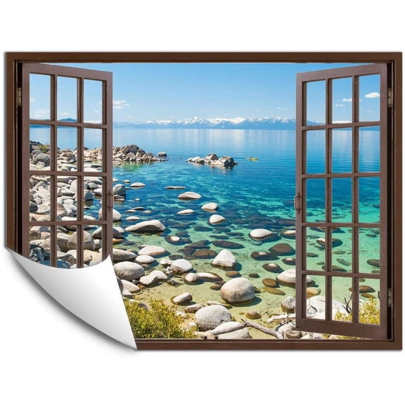 IDEA4WALL Fake Brown Window Beach Peel and Stick Wallpaper Removable Wall Mural Sticker Decal