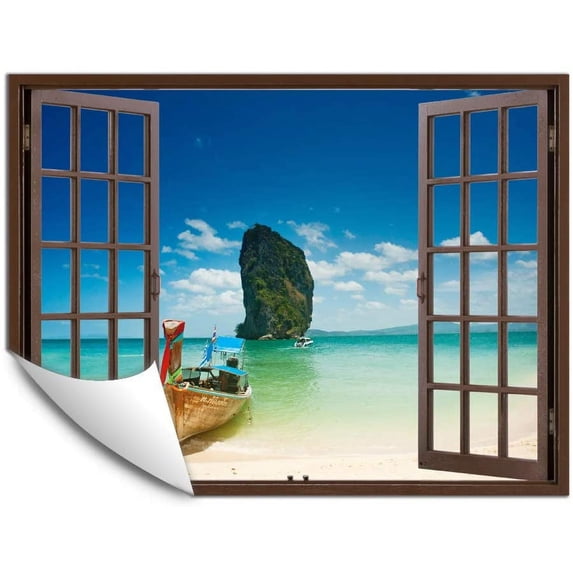 IDEA4WALL Fake Brown Window Beach Peel and Stick Wallpaper Removable Wall Mural Sticker Decal