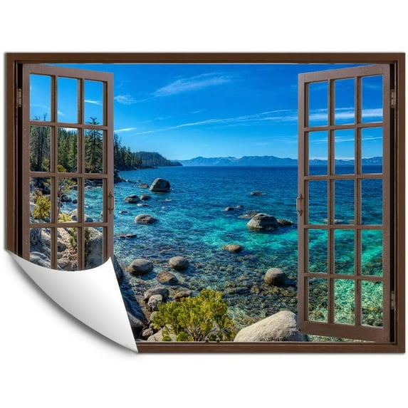 IDEA4WALL Fake Brown Window Beach Peel and Stick Wallpaper Removable Wall Mural Sticker Decal