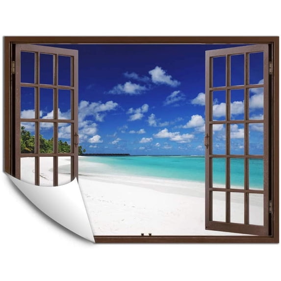 IDEA4WALL Fake Brown Window Beach Peel and Stick Wallpaper Removable Wall Mural Sticker Decal