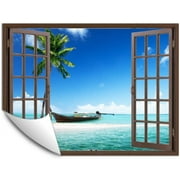 IDEA4WALL Fake Brown Window Wall Mural Beach Peel and Stick Wallpaper Removable Wall Sticker Decal