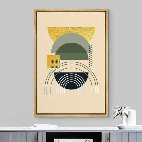 IDEA4WALL Frame Wall Art Gold & Green Semi Circles & Line Art Mid-Century Modern Abstract Geometric Pattern Illustrations Wall Decor Boho Chic Minimal for Living Room, Office - 24"x36" Natural