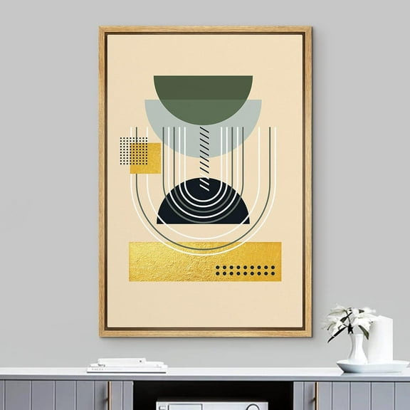 IDEA4WALL Frame Wall Art Gold Rectangle with Green Semi Circles & Line Art Mid-Century Modern Abstract Shapes Illustrations Wall Decor Boho Chic Minimal for Living Room, Office - 16"x24" Natural