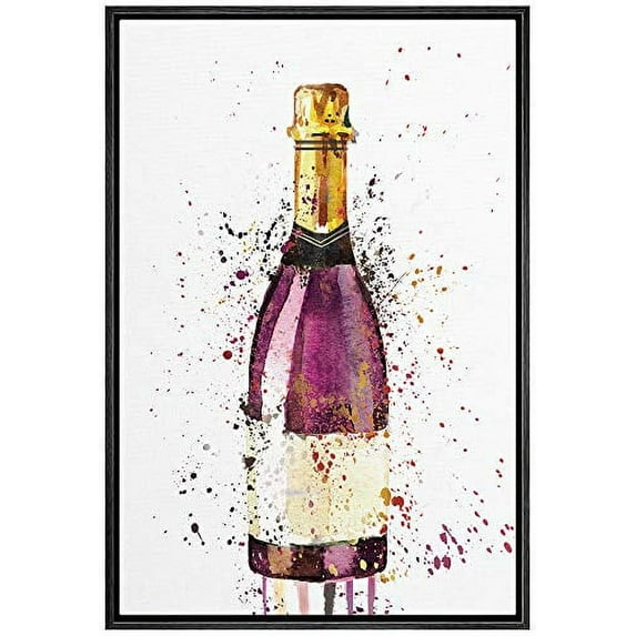 IDEA4WALL Framed Canvas Art Wall Decor A Bottle of Pink Champagne with Gold Label Drinks Wine Watercolor Pop Art Modern Expressive for Dorm Home Office - 24"x36"