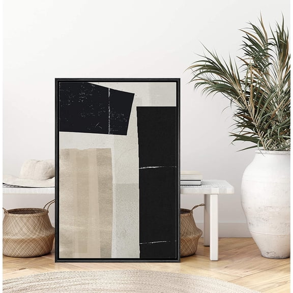 IDEA4WALL Framed Canvas Art Wall Decor Black, Gold and Biege Color Block Abstract Brushstroke Oil Painting Minimalism Decorative Elements for Dorm Home Office - 24"x36"