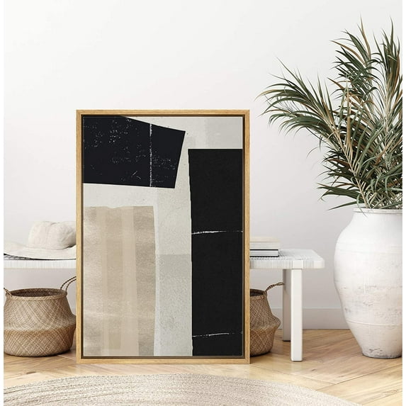 IDEA4WALL Framed Canvas Art Wall Decor Black, Gold and Biege Color Block Abstract Brushstroke Oil Painting Minimalism Decorative Elements for Dorm Home Office - 24"x36"