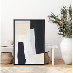 IDEA4WALL Framed Canvas Art Wall Decor Black, White and Biege Color Block Abstract Brushstroke Oil Painting Minimalism Decorative Elements for Dorm Home Office - 24"x36"