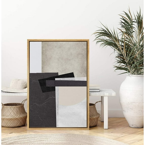 IDEA4WALL Framed Canvas Art Wall Decor Black, White, Gold and Gray Color Block Abstract Brushstroke Oil Painting Minimalism Decorative Elements for Dorm Home Office - 24"x36"