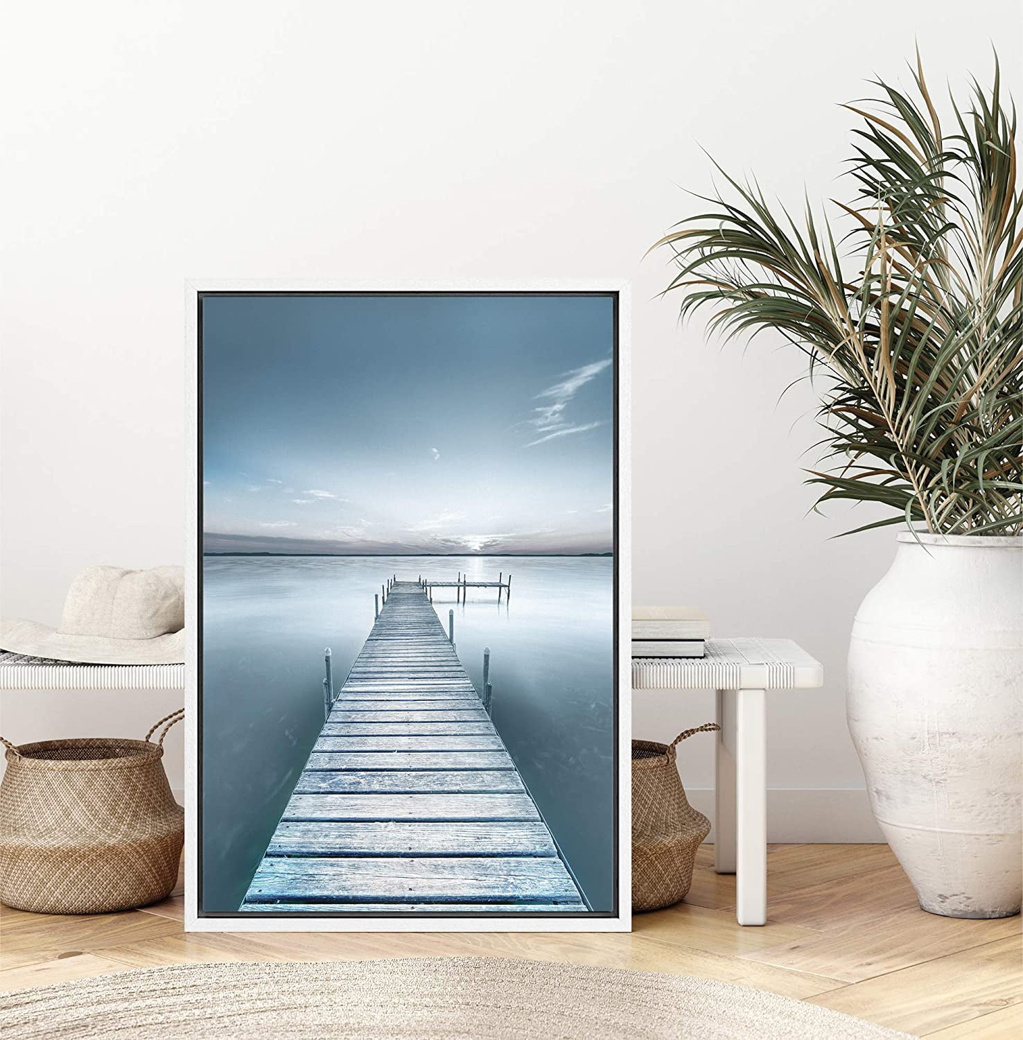 IDEA4WALL Framed Canvas Art Wall Decor Blue Wash Out Wooden Pier with ...